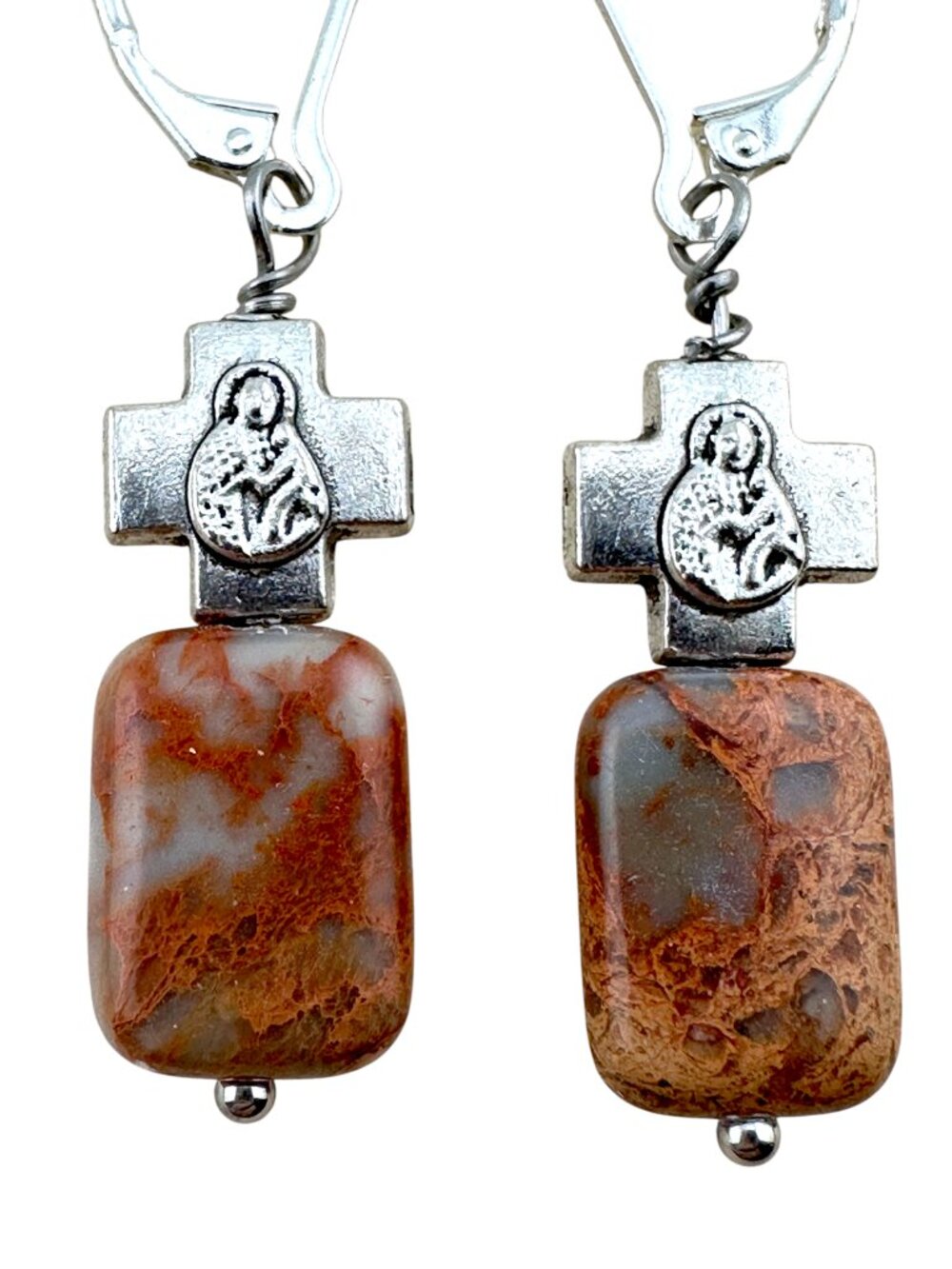 Blue Opal Jasper Cross Earrings Mother Child Silver Filled Leverbacks - Picture 10 of 12